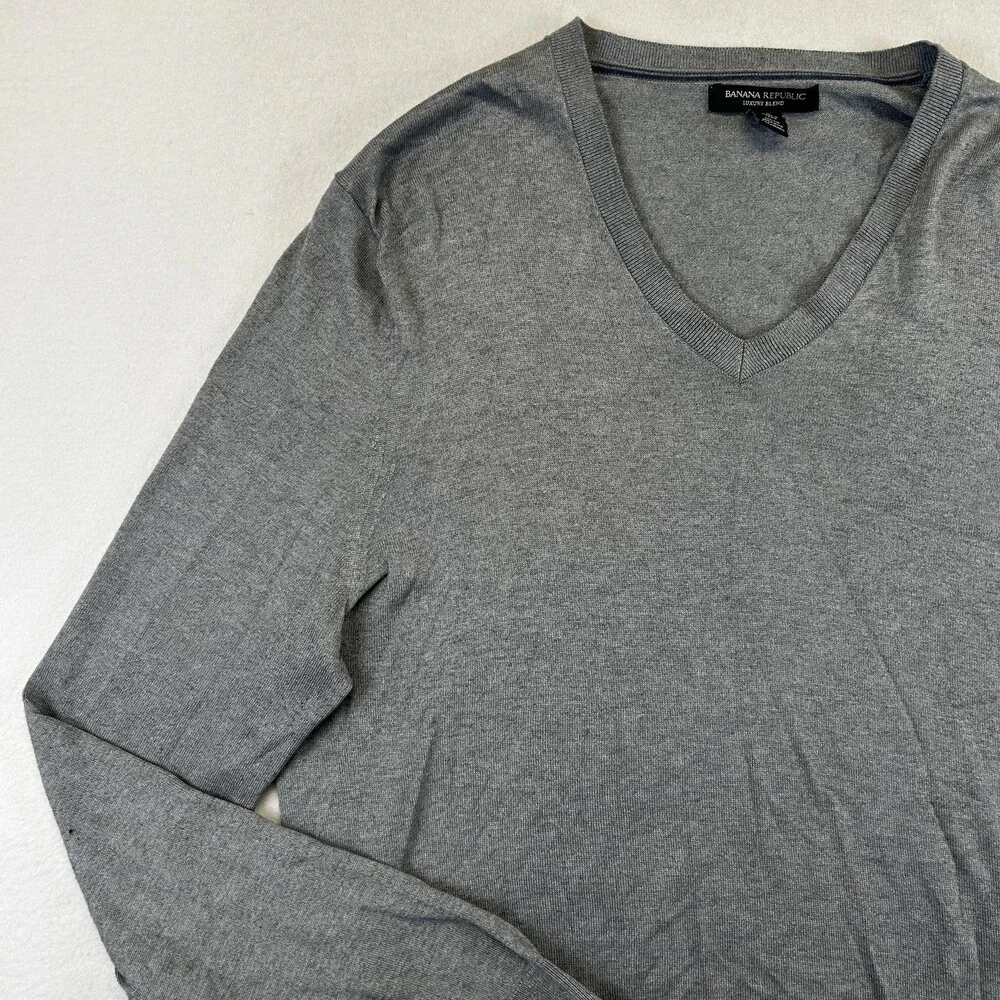 Banana Republic Sweater Mens Large Gray Silk Cotton Cashmere V Neck Pullover
